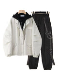 Spring New Streetwear Black 2 Piece Set Harajuku Loose Hooded Single Breasted Jacket+Handsome Cargo Pants Two Piece Outfits