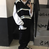Couples Knitted Sweater Vest Japanese Pullover Retro Men Korean Fashion Loose Stripe Loose Casual Harajuku V Neck Golf Vest Men