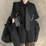 Gray Shirts Women Harajuku Detachable Sleeve Oversized Bf Gothic Blouse with Tie Vintage Streetwear Punk Autumn Shirt