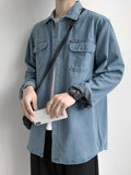 Spring New Button Pockets Men's Blue Denim Shirt Husband Fashion Long Sleeve Solid Cotton Slim Casual Shirts for Men