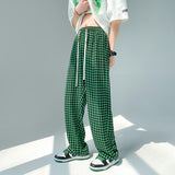Youth Streetwear Black Plaid Mens Joggers Straight Harem Pants Hip Hop Trousers