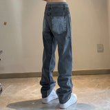 Foesce Retro Washed And Old Smoke Gray Stitching Jeans Slim Straight Casual Trousers Men And Women Spring New mens jeans