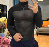 Men T Shirt Mesh Patchwork Turtleneck Long Sleeve Streetwear Camisetas See Through Sexy Fashion Male Tee Tops S-5XL