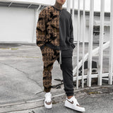 Foesce men's spring and autumn two-piece long-sleeved round neck T-shirt trousers casual loose printing transport suit