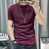 Spring Short Sleeve Sweater T-shirt Men Plaid Knitted Thickened Sweater Tshirt Streetwear High Quality Men Tee Shirt Homme