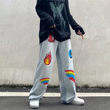Men'S Jeans Hip-Hop Flame Rainbow Print Harajuku Trend Fashion Loose Casual Men'S And Women'S Denim Trousers Ins Hot Tide Brand