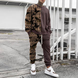 Foesce men's spring and autumn two-piece long-sleeved round neck T-shirt trousers casual loose printing transport suit