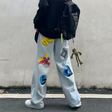Men'S Jeans Hip-Hop Flame Rainbow Print Harajuku Trend Fashion Loose Casual Men'S And Women'S Denim Trousers Ins Hot Tide Brand