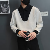 Fashion Patchwork Fake Two Piece Shirts Men Knitting Long Sleeve Button Turn-down Collar Tops Fall Leisure Shirt Streetwear