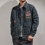 Foesce Cowboy men's American retro badge patch loose pocket tooling lapel striped jacket men's