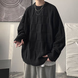 Foesce Plaid Sweater Men's Autumn Winter Men's Loose Round Neck Pullover Knitted Sweater Trendy Lazy Jumper Black Loose Streetwear