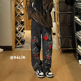 Foesce  New Rose Embroidery Jeans Y2k Aesthetic Old Jeans Women Casual Loose Wide-leg Harajuku Pants Vintage 90s Trousers
