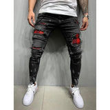 Men's Skinny ripped jeans men Pants Pencil Biker Side Striped Jeans Destroyed Hole Hip Hop Slim Fit Man Stretchy Jean Print