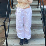 Women Casual Wide Leg Cargo Pants Vintage Low Waist Drawstring Joggers Tech Pants Solid Button Hippie Streetwear Baggy Trousers