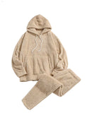 Foesce Men's Hoodie Outfit Solid Fluffy Fleece Sweatshirts with Trouser Two Piece Set Fall Winter Streetwear Hooded Hoodie Suits