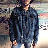 Retro Patchwork Skull Print Jean Coats Men Fashion Turn-down Collar Buttoned Long Sleeve Denim Jackets For Mens Streetwear
