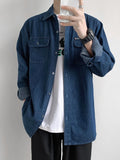 Spring New Button Pockets Men's Blue Denim Shirt Husband Fashion Long Sleeve Solid Cotton Slim Casual Shirts for Men