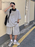 Summer Unisex Asual Suit Men's Hong Kong Style Short SleeveT-shirt Korean Streetwear Casual Preppy Shorts Two Piece Set