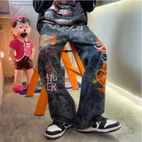 Foesce New Straight Jeans Trendy Brand Hiphop pringt Wide-leg Pants High Street Washed Mopping Loose Thick Denim Trousers fashion pants