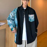 Vintage Patchwork Oil Painting Graphic Men's Shirts Harajuku Oversized Casual Shirts Plaid All-match Long Sleeve Tops