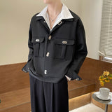 Autumn Short Jacket Men Fashion Casual Pocket Jacket Men Korean Style Loose Apricot/Black Lapel Jacket Mens Short Coat M-2XL