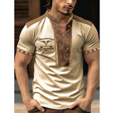 Summer Casual Loose Drawstring Design Men Tee Men's T-shirts Vintage Graphic Print Patchwork Lapel Short Sleeve Pullover T Shirt