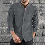 Foesce Leisure Slim Fit Solid Color Corduroy Shirts Men Fall Fashion Turn-down Collar Buttoned Cardigan Tops Mens Spring Fashion Shirt