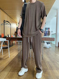 Men's Elastic silky Casual 2-Piece Set Loose Straight Pleated Sports Pants Summer Thin Section Handsome Drape Suit Mens Clothing