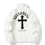 Foesce Men Rabbit Fur Jacket Coats Hip Hop Cross Letters Winter Fleece Jacket Streetwear Casual Harajuku Coat Zip Up Fashion Outerwear