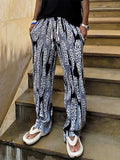 Vintage Ribbed Patchwork Leopard Pants Men Fashion Popular Loose Straight Trousers Spring Summer Mens Casual Waist Tie-up Pants