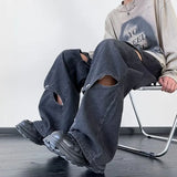 Foesce Cyber Y2K Fashion Hollow Out Baggy Jeans Pants For Men Clothing Straight Women Wide Leg Old Denim Trousers Vetements Homme