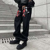 Foesce Y2K Korean Men Women Black Harajuku Cartoon Straight Denim Grunge Trousers Jeans Print Baggy Jean Pants Streetwear Brand Clothes