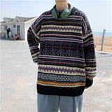 Men's Fashion Colorblock Knit Sweater Winter New Thickened Pullover Harajuku Round Neck Loose Shirt Jacket Men Korean Clothes