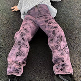 Foesce  High Waisted Jeans Women Baggy Purple Pants Korean Fashion Vintage Streetwear Tie Dye Straight Wide Leg Denim Trousers