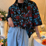 Foesce Rose full print vintage shirt shirt women men summer rich young master short sleeve button up shirt Korean streetwear summer ins