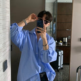 White Blue Striped Shirt Men Fashion Social Mens Dress Shirt South Korean Loose Long Sleeve Shirt Mens Oversized Casual Shirts