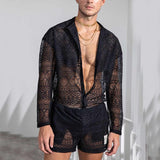 Foesce New Arrivals Men Set Summer Sexy See Through Lace Outfits Beach Fashion Short Sleeved Tops And Shorts Mens Two Piece Suits