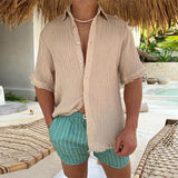 Casual Loose Solid Color Pleated Cotton Linen Shirt Men Leisure Loose Short Sleeve Lapel Buttoned Tops Summer Men's Clothes