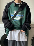 American Street Letter Shirt Loose Vintage O-neck Sweatshirt Unisex Spring Autumn Splicing Long Raglan Sleeve T-shirt