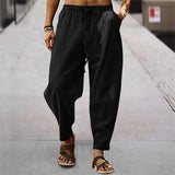 Casual Loose Solid Color Cotton Linen Long Pant Mens Spring Summer Leisure Drawstring Beach Pants Men's Fashion Simple Trousers