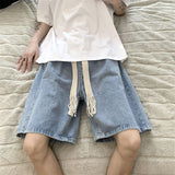 Wide Leg Baggy Denim Shorts Men Summer Thin Solid Color Casual Loose Simple Knee-length 5 Point Pants Drawstring Straight Shorts