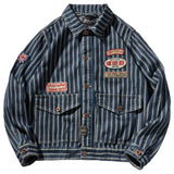 Foesce Cowboy men's American retro badge patch loose pocket tooling lapel striped jacket men's