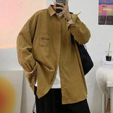 Foesce New Corduroy Men Shirt Loose Vintage Casual Long Sleeve Spring Letter Graphic Cardigan Blouses Male Tops