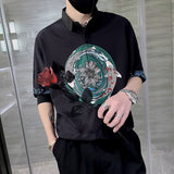 Summer Vintage Floral Printed Business Casual Men Shirts Fashion Black White Short Sleeve Pullover Tops Ropa De Hombre 4XL