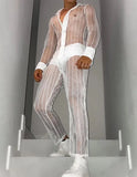 Foesce Fashion Men Sets Mesh Patchwork Transparent Streetwear Lapel Long Sleeve Shirt & Pants Sexy Men Suits Two Pieces