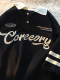 Foesce Vintage Short Sleeve Tees for Men  Summer New  Collar American Letter Baggy Women T-shirt Student  Button Preppy Tops