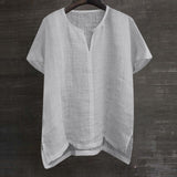 Foesce  Short Sleeve Linen Shirt Men Brief Breathable Comfy Solid Color Loose Harajuku Casual Blouse Hawaiian Shirt Camisa Masculina