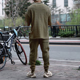 Foesce Fashion Loose V Neck Sweater Two Piece Set Men Spring Summer Casual Solid Short Sleeve Knit Tops And Pants Suits Mens Streetwear