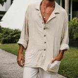 Foesce Men's White Casual Tops T Shirt Man Blouse Long Sleeve Vintage Cotton Linen Shirt Men Loose Baggy Shirts Silk Ropa Chemise Homme
