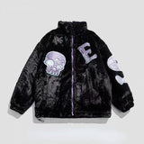 Vintage skull embroidered lamb fleece jacket men's winter new king size zipper casual top cotton cotton zipper cardigan